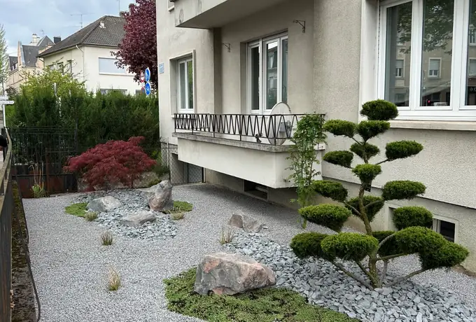 Jardin minéral créé après débroussaillage : gravier, arbustes taillés en nuage et érable pourpre